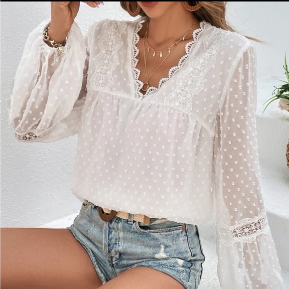 Boho white lace insert lantern sleeve blouse - Picture 6 of 6